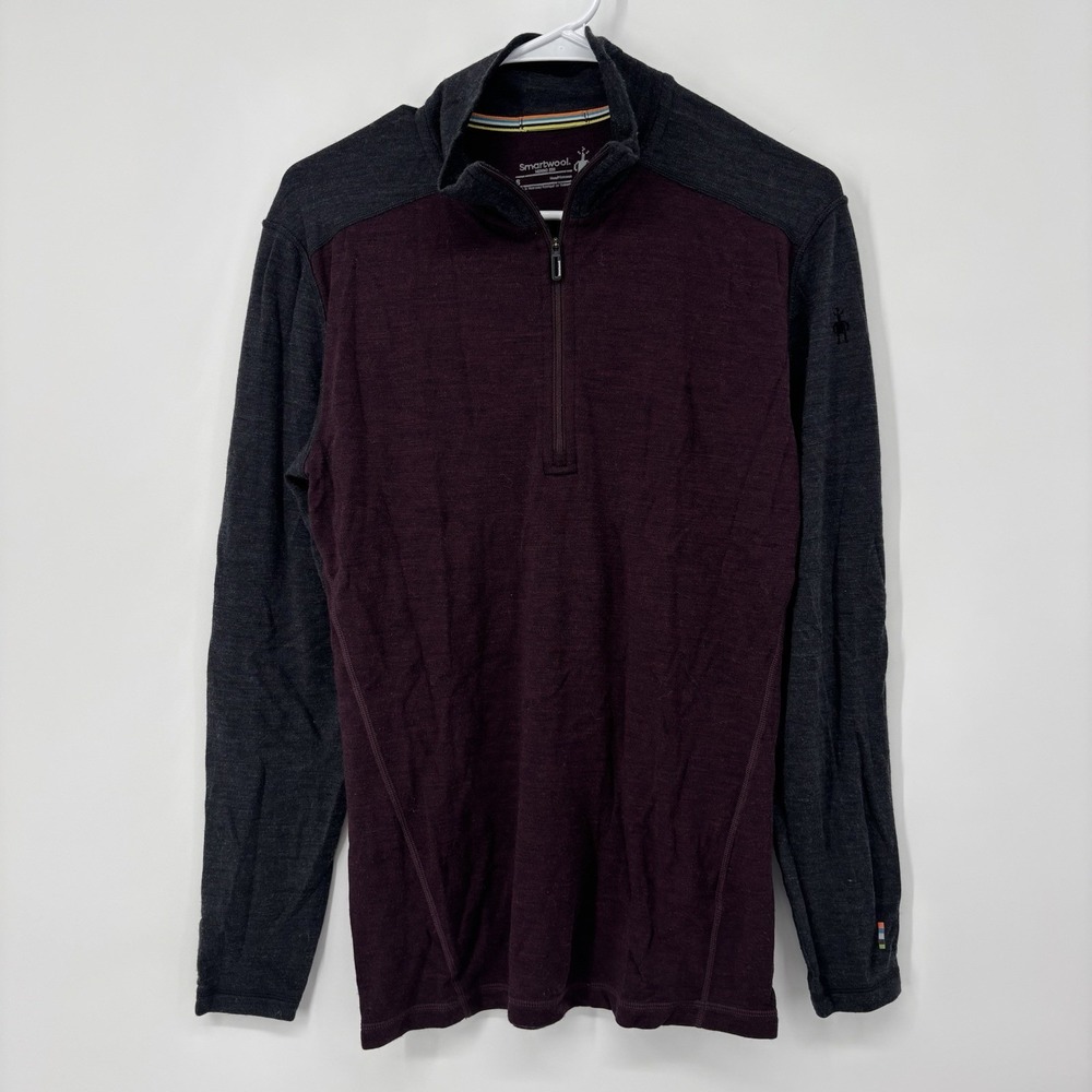 Smartwool Mens Small Gray Maroon 1/4 Zip Base Layer Thermal Merino Wool 250